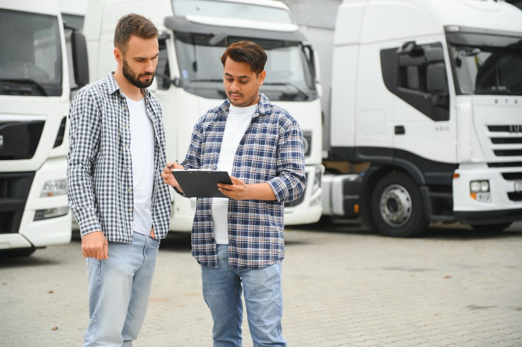 Two men standing in a fleet car park, discussing a clipboard with vehicles in the background.