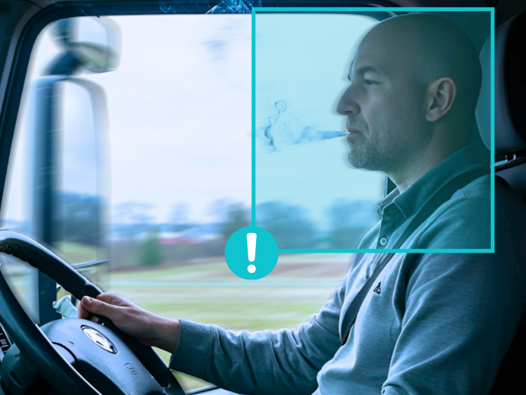 AI-powered fleet safety system detecting a driver smoking while operating a vehicle.