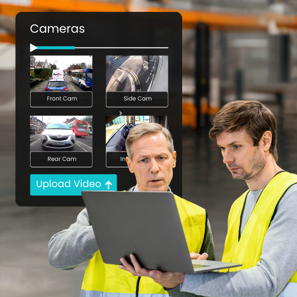 Fleet operators reviewing multi-camera footage on a laptop with instant video playback.