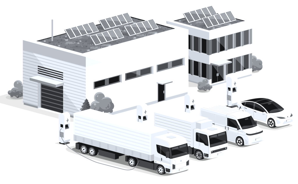 Fleet vehicles charging at a commercial building with AI-powered monitoring.