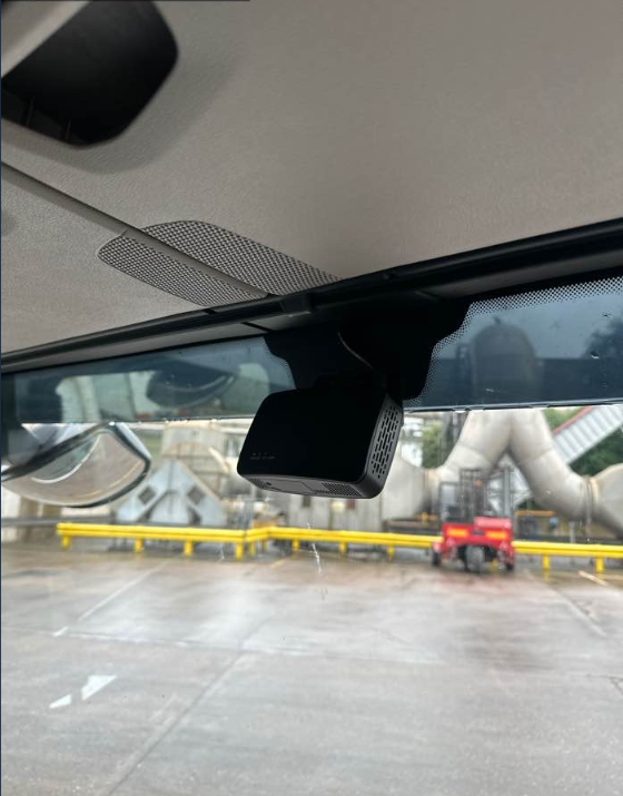 Fleet Focus AI-powered in-cab camera installed inside an Advanced Proteins vehicle.